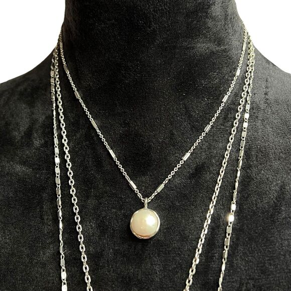 VERONESE Layered Necklace Silver Tone Baroque Pearl Pendant Tassel Chain Women - Picture 2 of 16